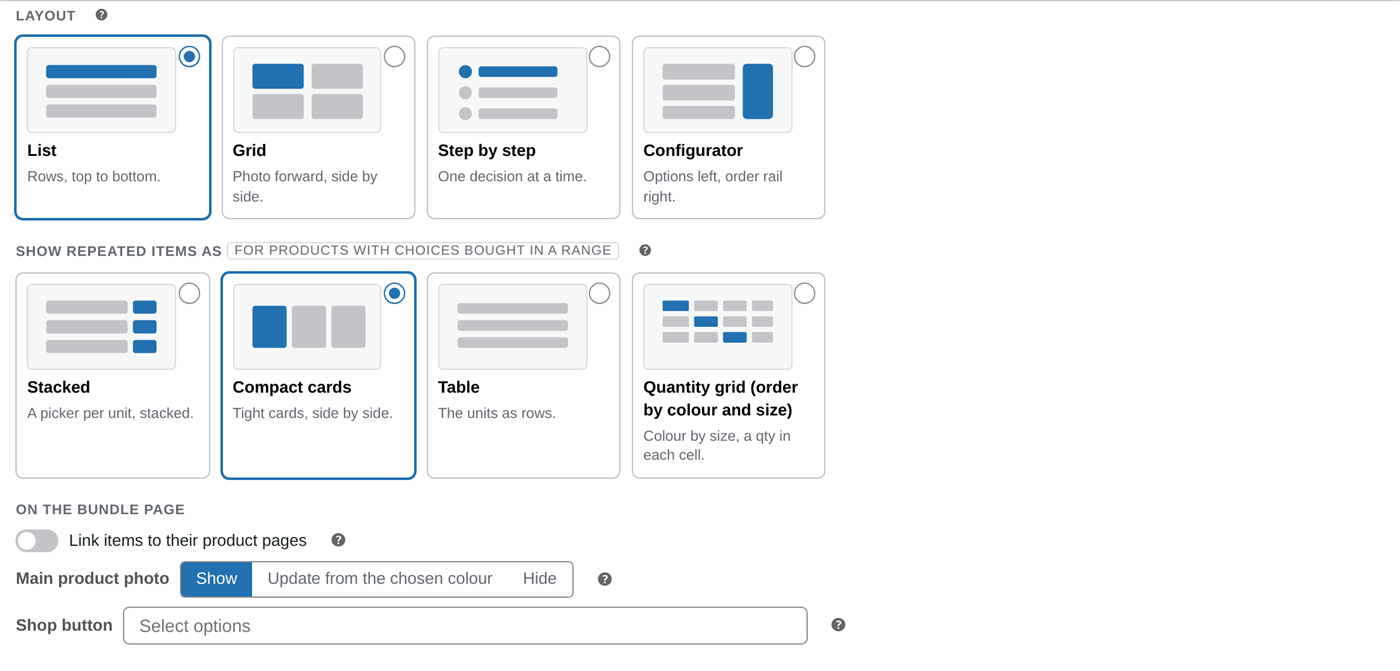 The Layout and Multiple items dropdowns at the top of the Bundle Items tab in the admin