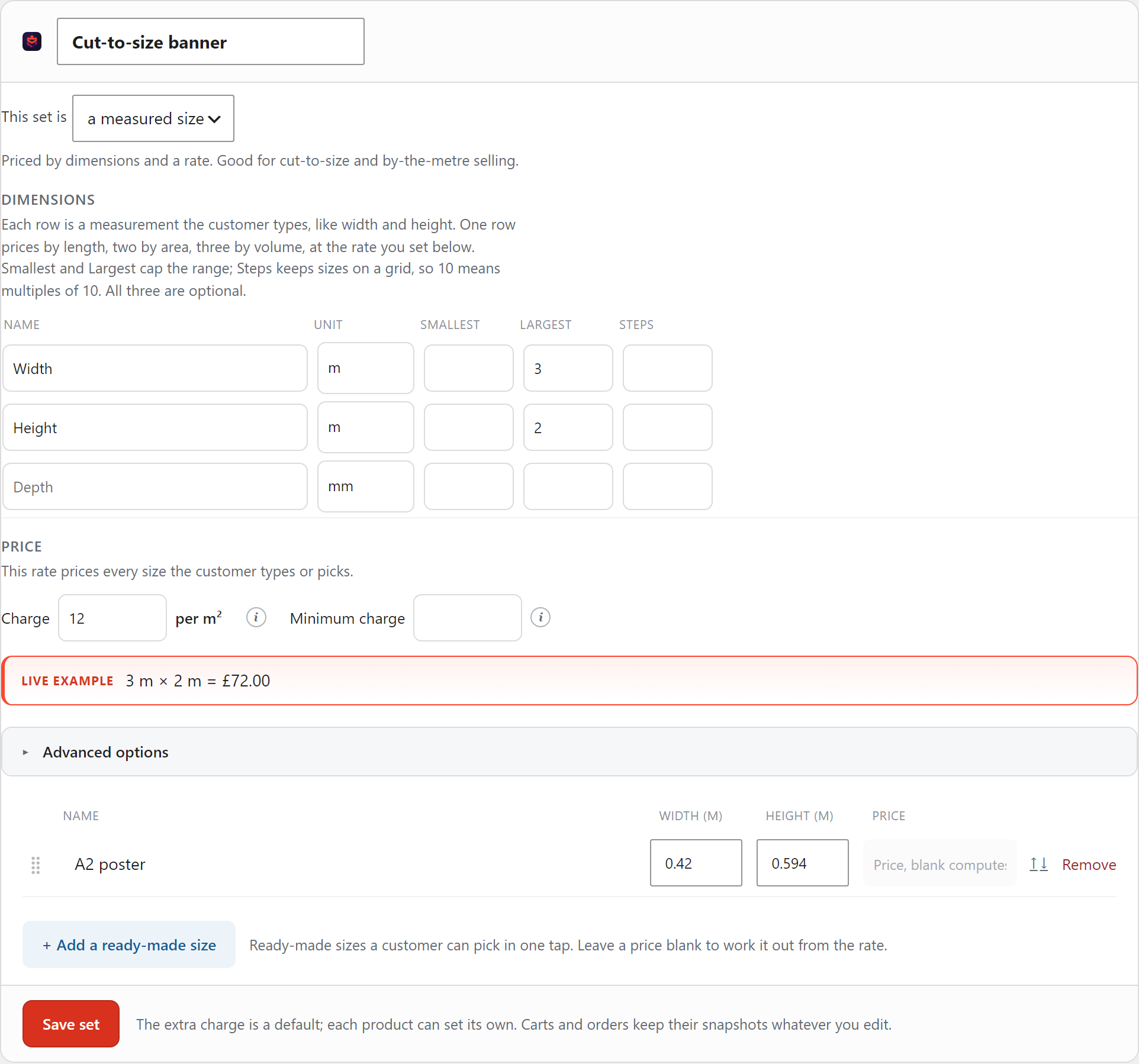 The measured-size editor: dimensions with column headers, a rate priced per square metre, a live worked example, and ready-made sizes