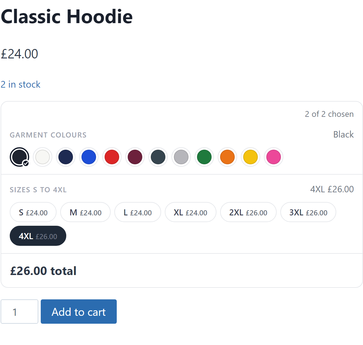 A simple product with colour swatches and size pills, each size showing its own price
