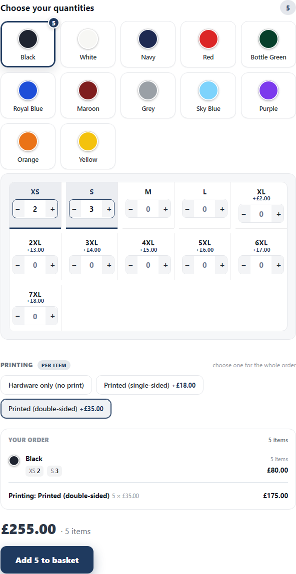 A product-page quantity grid: colour tiles, size cells with quantities, a printing choice, and a your-order summary
